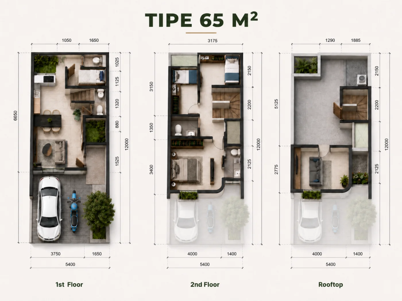 Denah Tipe 65 m² — 1st Floor, 2nd Floor, Rooftop