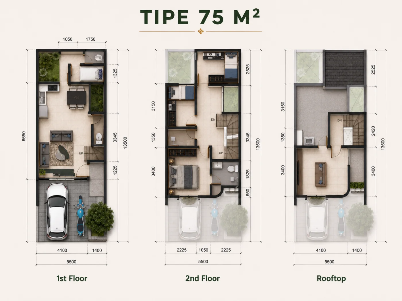 Denah Tipe 75 m² — 1st Floor, 2nd Floor, Rooftop
