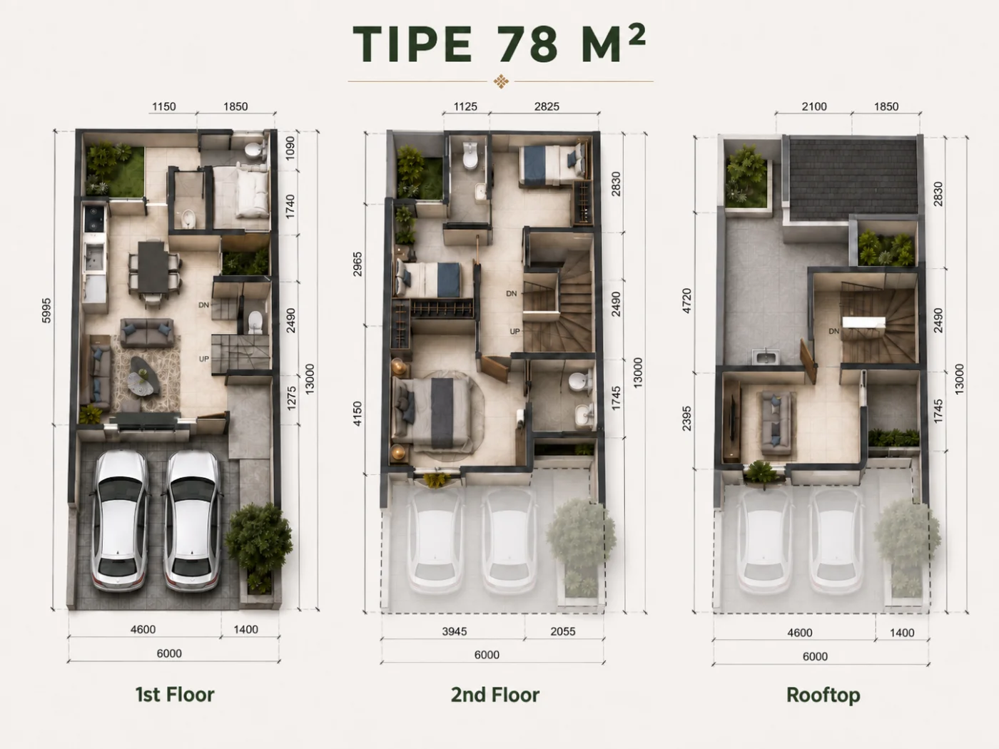 Denah Tipe 78 m² — 1st Floor, 2nd Floor, Rooftop