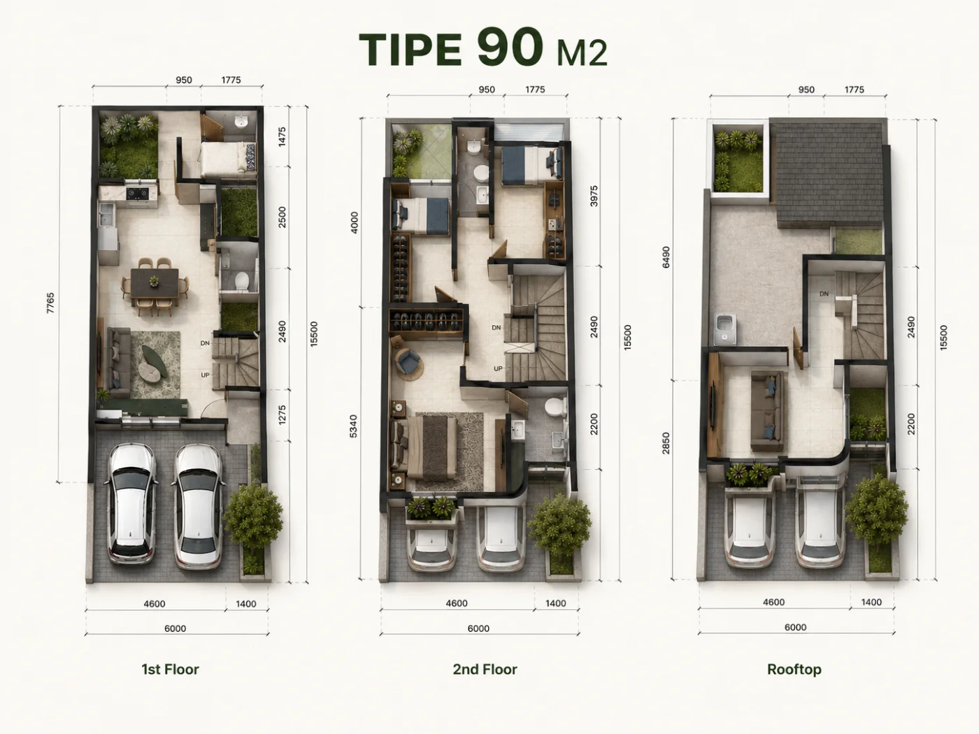 Denah Tipe 90 m² — 1st Floor, 2nd Floor, Rooftop