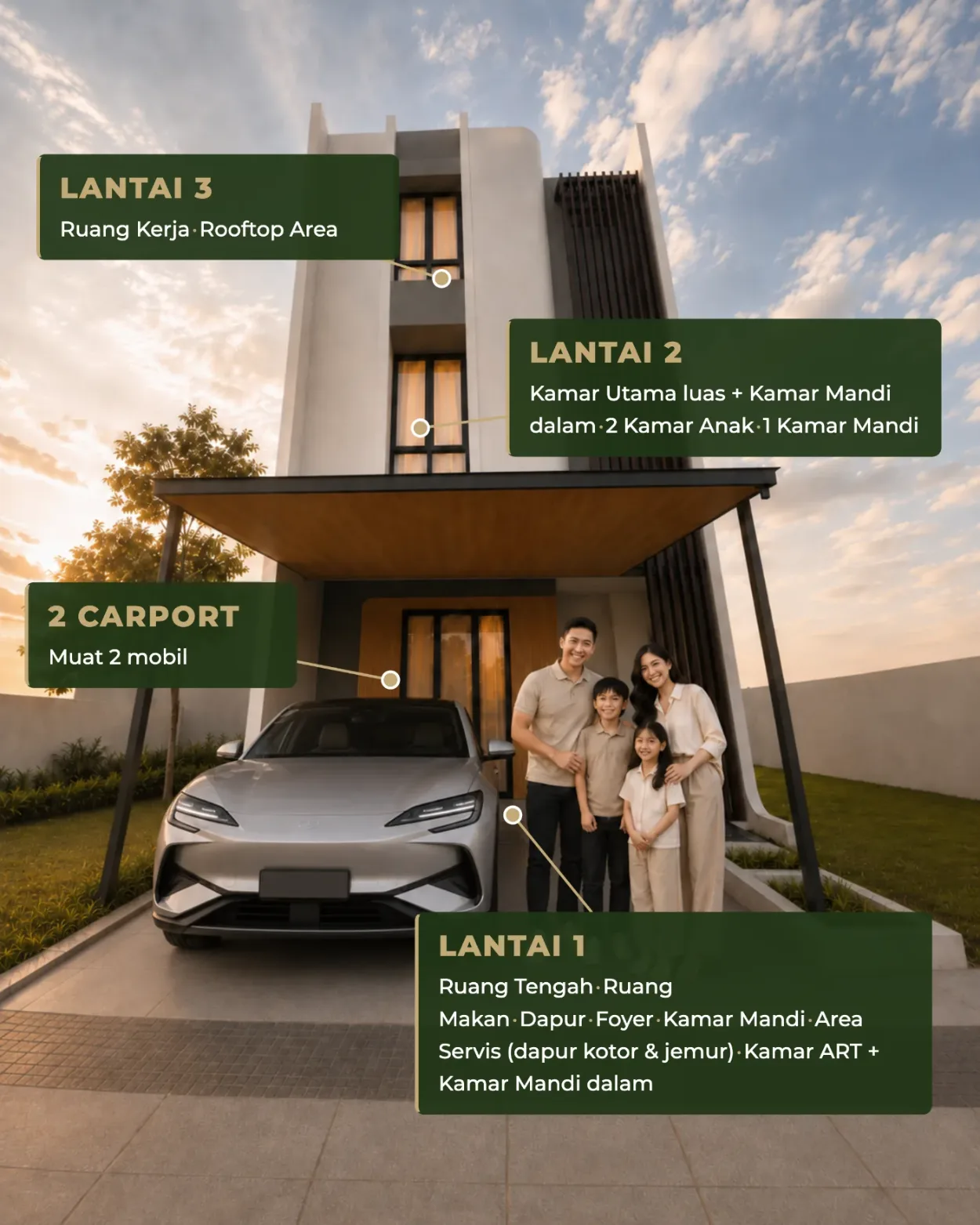 Fasad depan townhouse 3 lantai GAG dengan carport keluarga