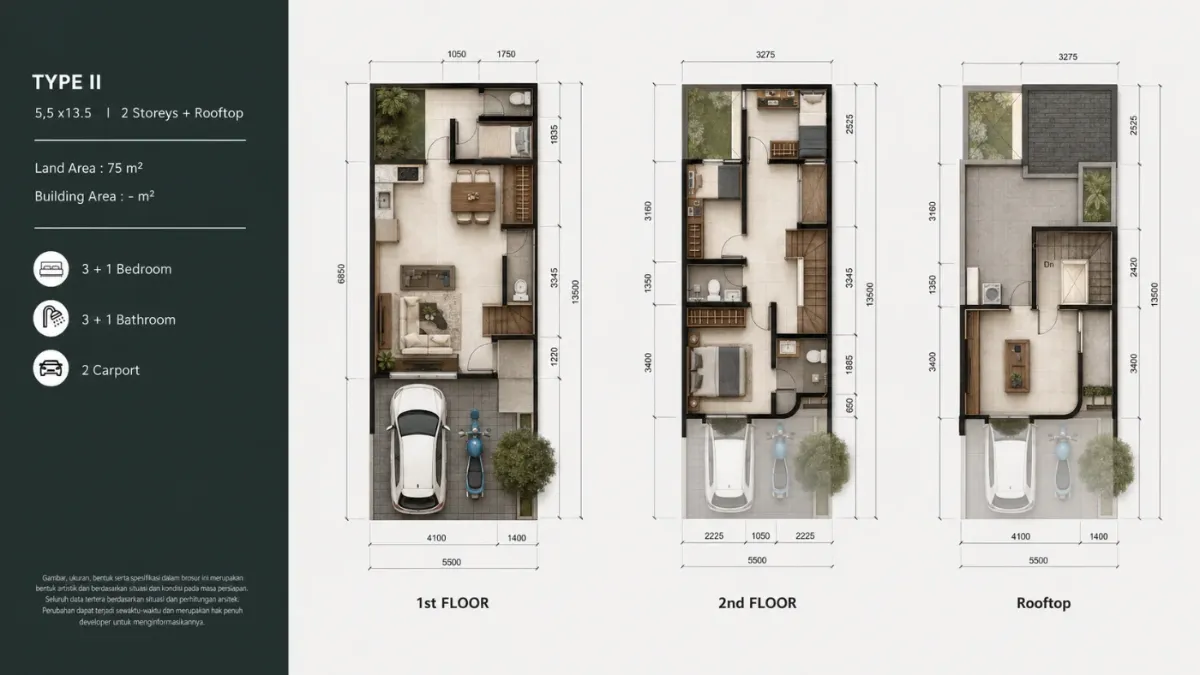 Denah unit Tipe I — 5 Kamar Tidur, 5 Kamar Mandi, 2 Carport
