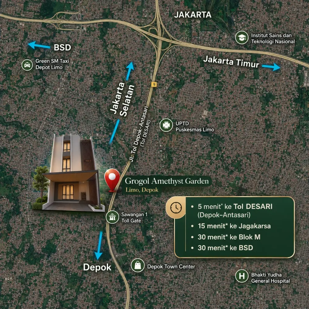 Peta lokasi strategis Grogol Amethyst Garden: dekat Tol DESARI, Pintu Tol Sawangan 4 (5 menit), Jagakarsa Jakarta Selatan (15 menit), Blok-M (30 menit), BSD